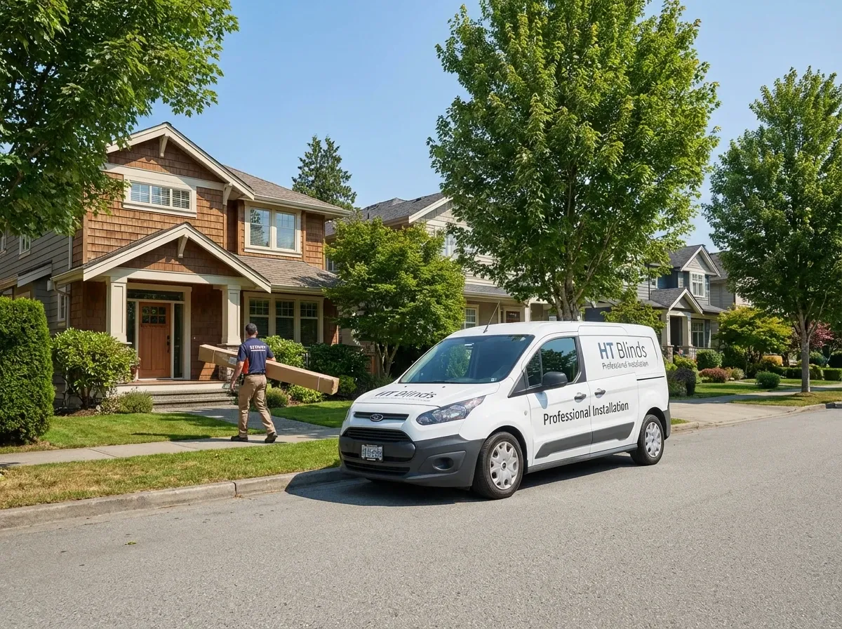 An HT Blinds branded service van parked on a tree-lined Metro Vancouver street as a crew member carries materials toward a house on a sunny day.