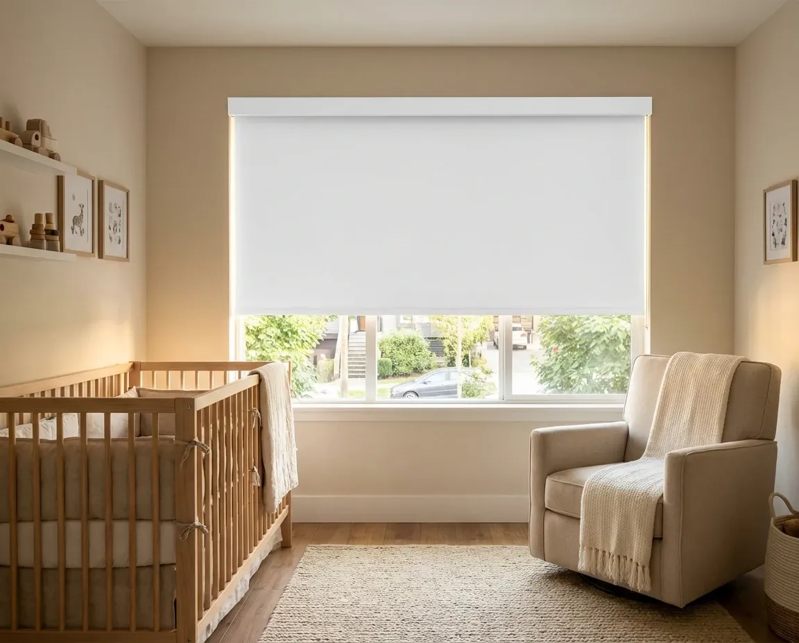 Nursery with a white blackout roller shade lowered over the window, a wooden crib and a neutral glider chair, warm and calm in daytime
