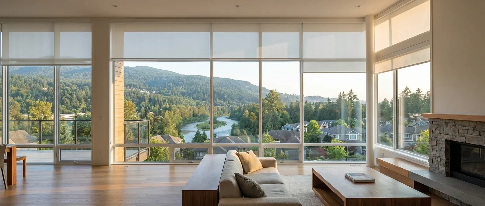 Motorized white roller shades at staggered heights across a Coquitlam open-plan window wall with a mountain view