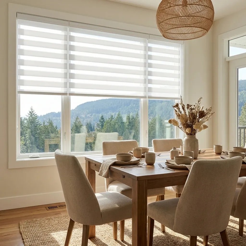 White zebra shades filtering daylight in a Coquitlam dining area
