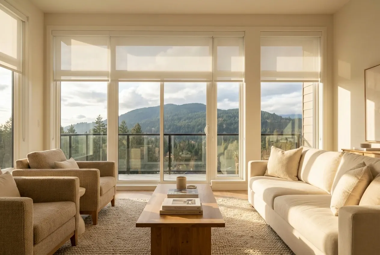 Motorized white solar roller shades at automated heights across a Coquitlam living-room window wall