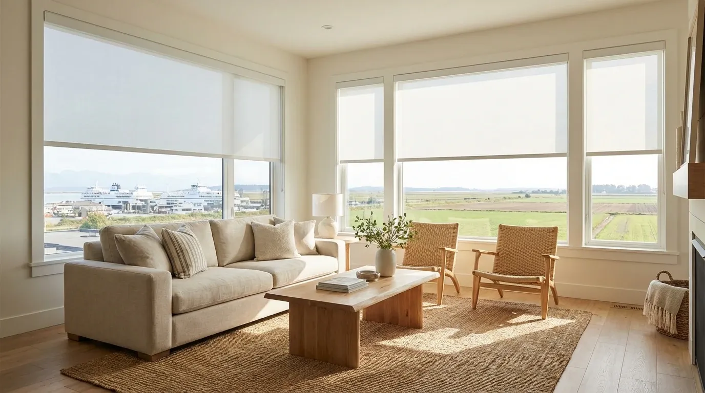 Bright Delta family-home living room with white solar roller shades and a backyard garden or ocean view