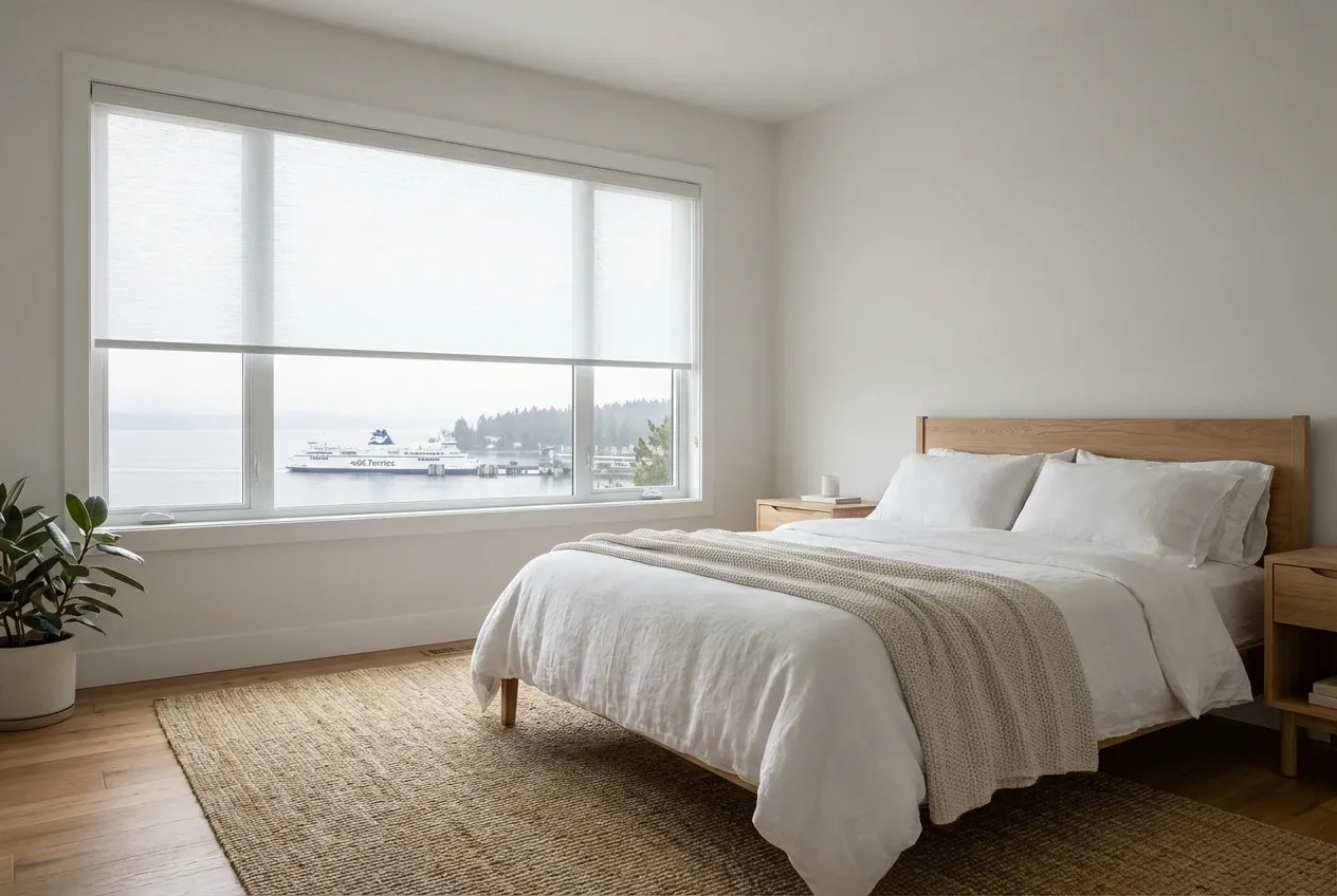White Solis solar roller shades on a large Delta window with an ocean or garden view