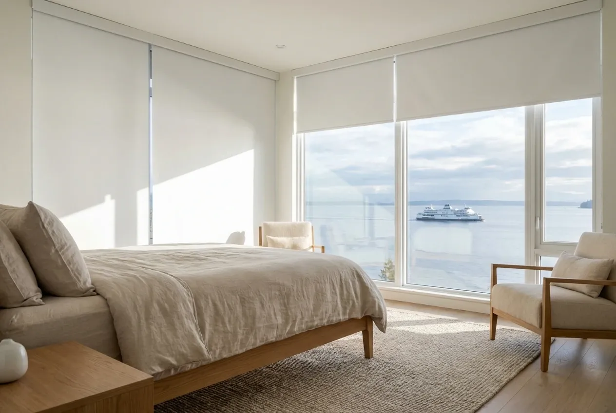 Blackout roller shades darkening a Delta bedroom