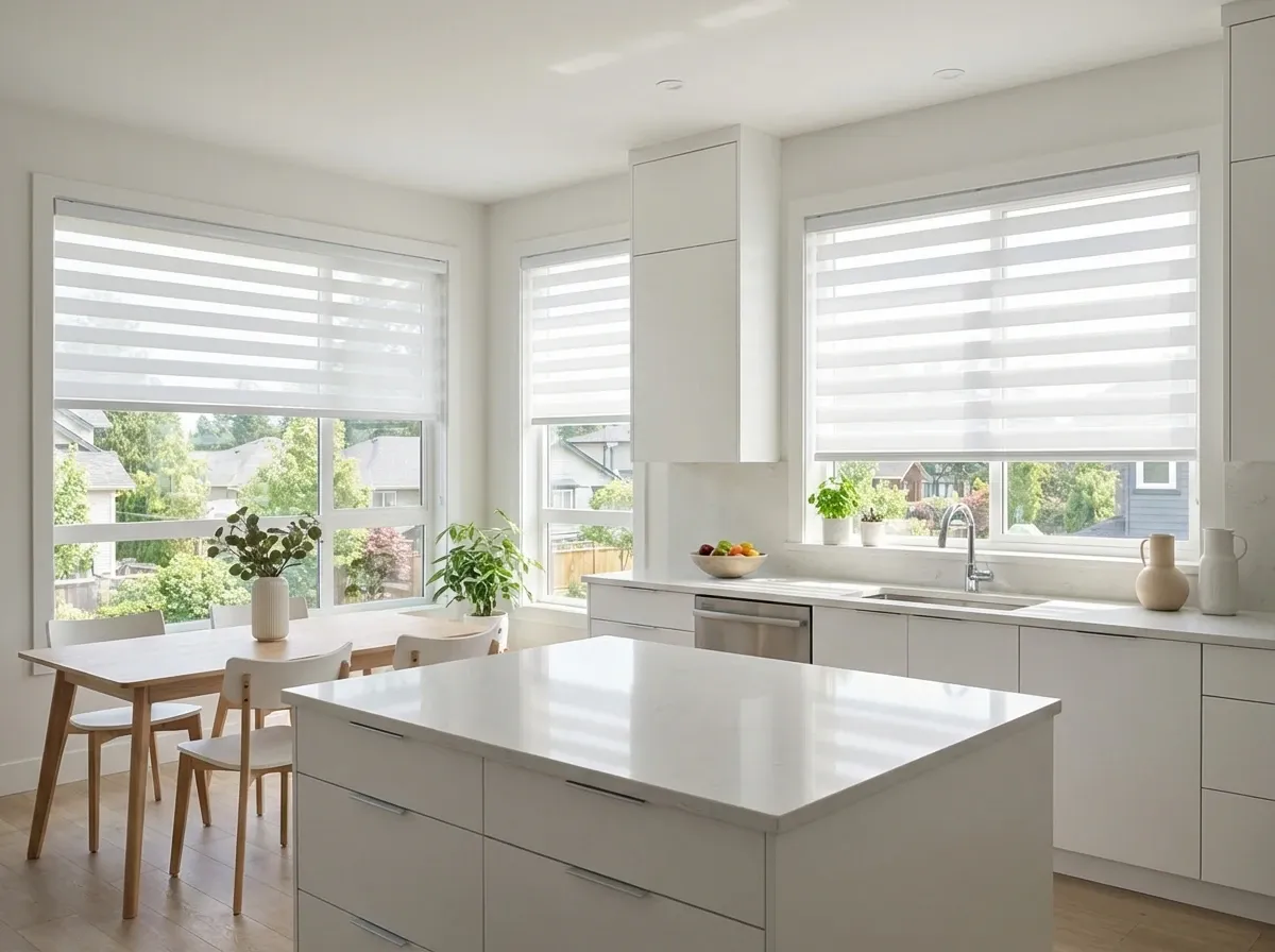 White zebra shades at half-transition in a front-facing Langley living room
