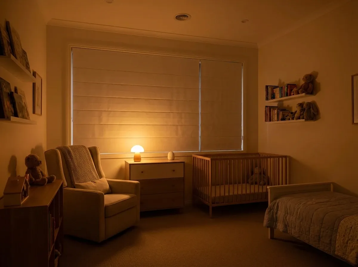 Blackout roller shades fully lowered in a darkened Langley new-build bedroom