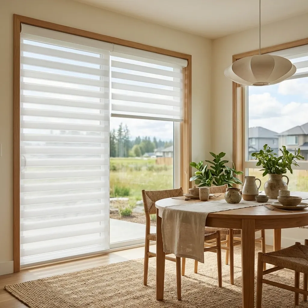 White zebra shades filtering daylight in a Langley living room