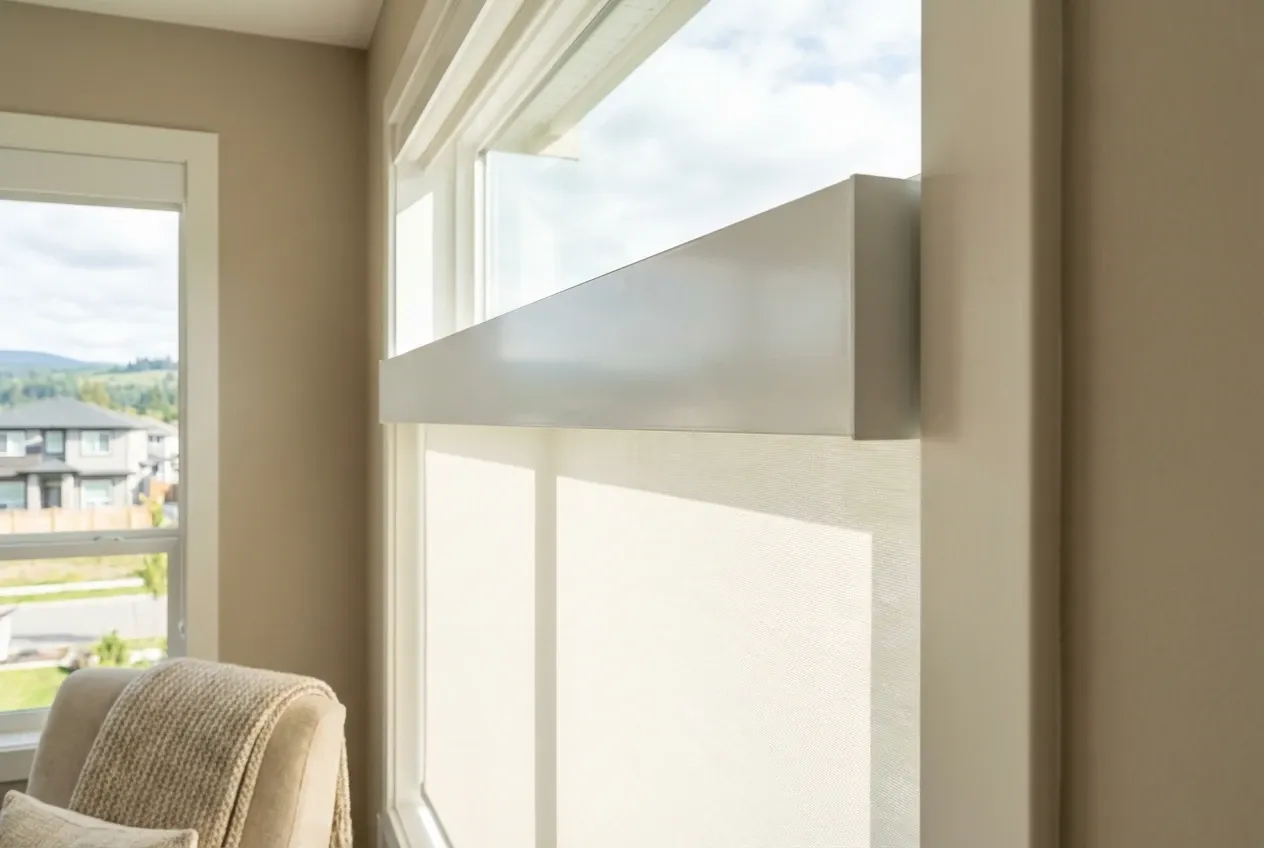 Close-up of cassette-mounted white solar roller shades on a large Langley window
