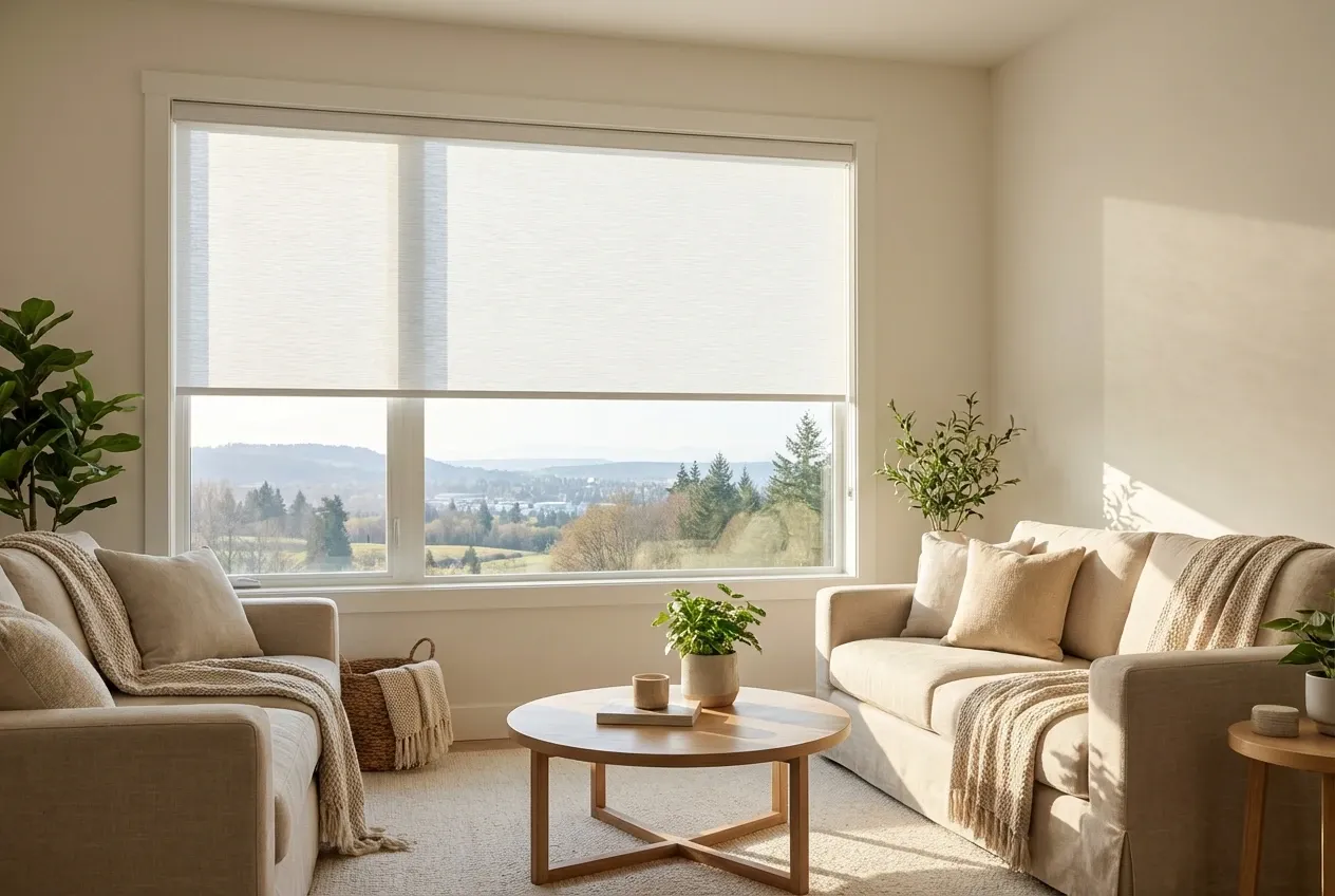 Motorized white roller shades at automated heights across large Langley living-room windows