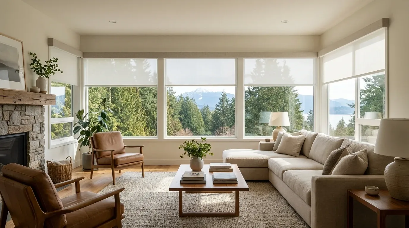 Bright North Vancouver living room with floor-to-ceiling white solar roller shades and a forest and mountain view
