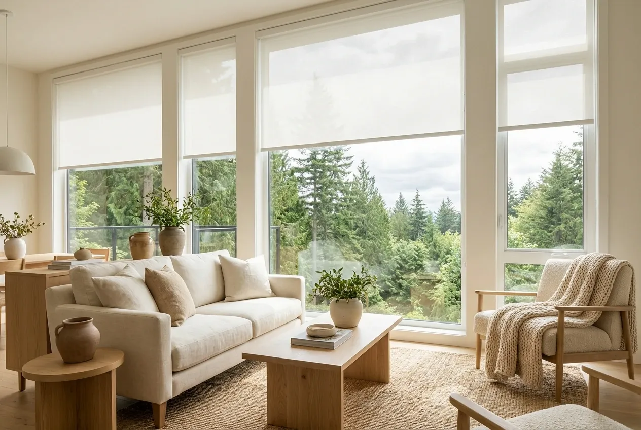 White solar roller shades in a North Vancouver living room with a harbour and inlet view