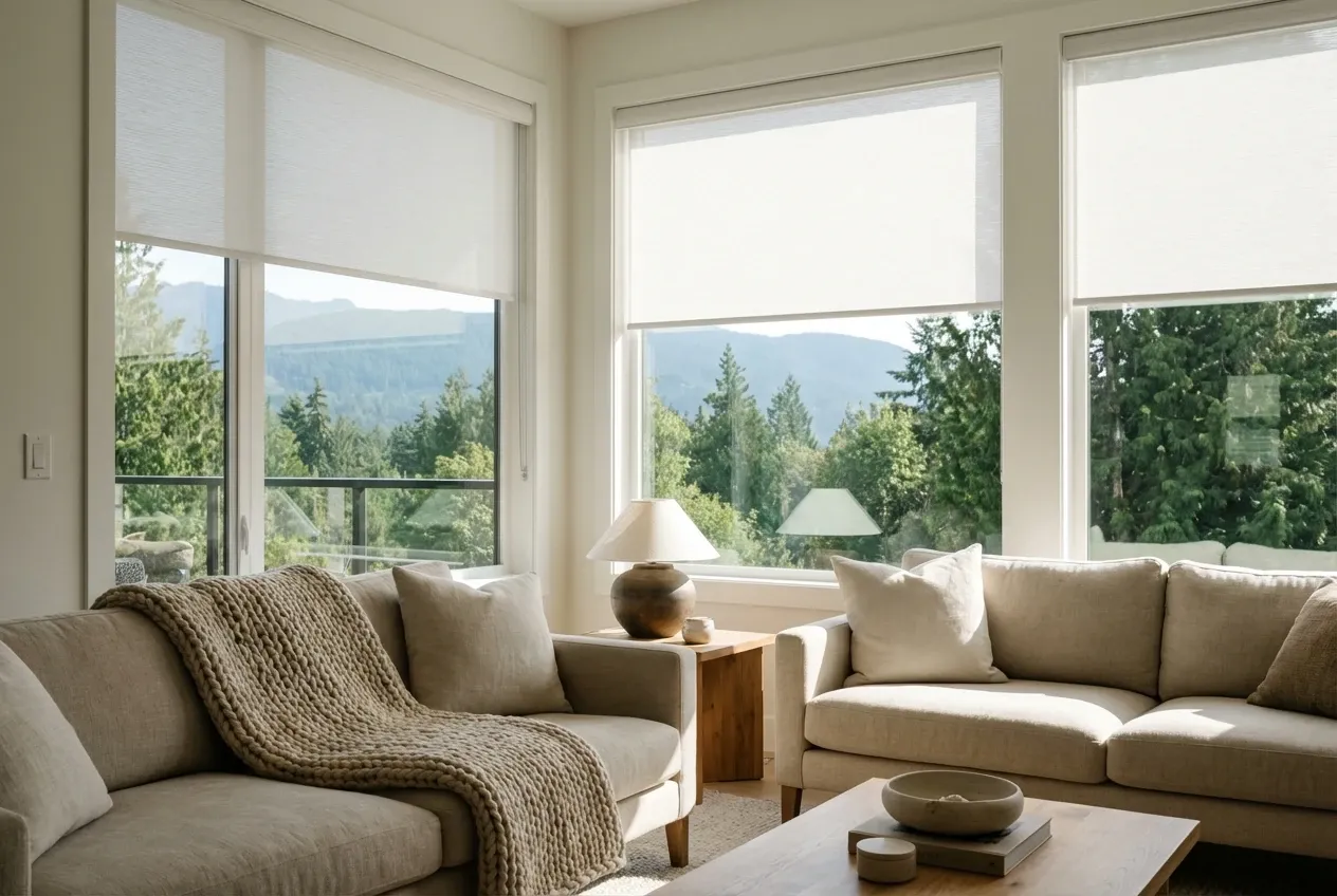 Motorized white roller shades at automated heights across a North Vancouver living-room window with a mountain view