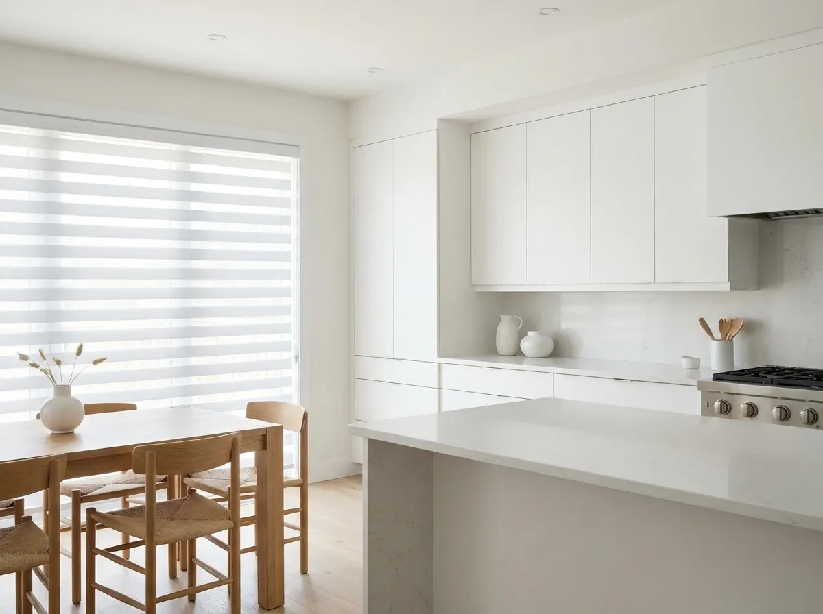 White zebra shades at half-transition in a Richmond dining room with a garden view