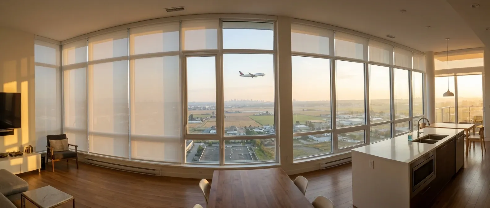 Motorized white roller shades at staggered heights across a Richmond living-room window wall with a city view