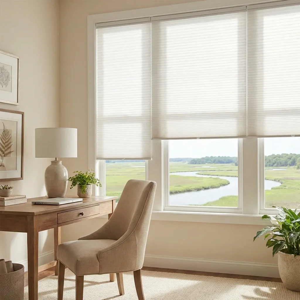 White honeycomb cellular shades in a Richmond home with bright delta daylight