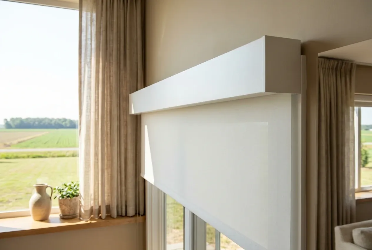 Close-up of cassette-mounted white Solis solar roller shades on a large Richmond window