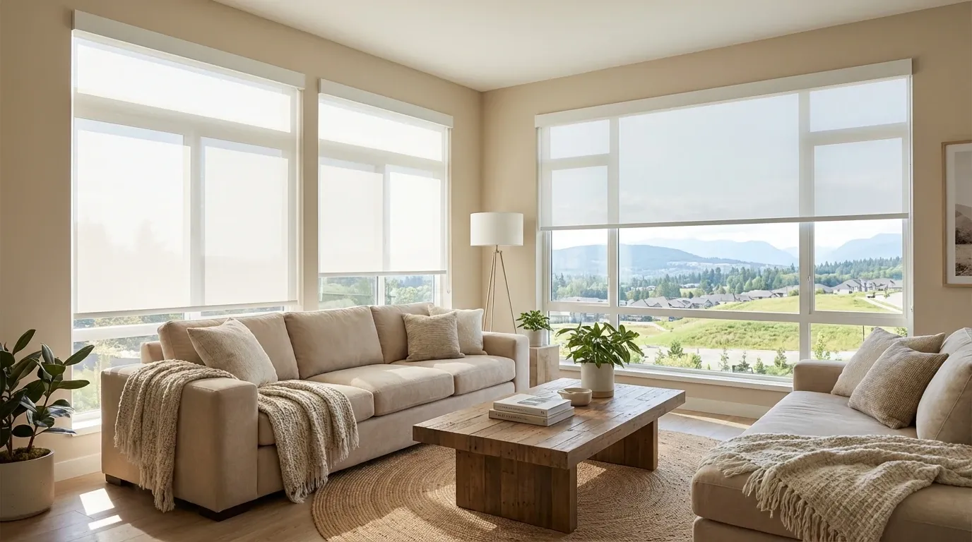 Bright Surrey family-home living room with white solar roller shades and warm afternoon light over a suburban green outlook
