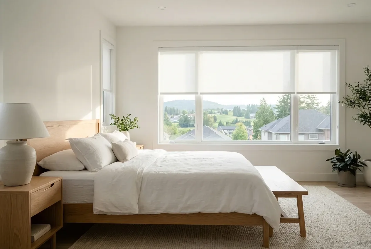 White Solis solar roller shades on a large Surrey great-room window with backyard greenery beyond