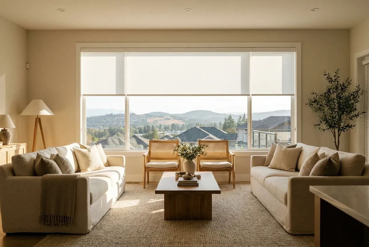 Motorized white solar roller shades at automated heights across a Surrey living-room window wall
