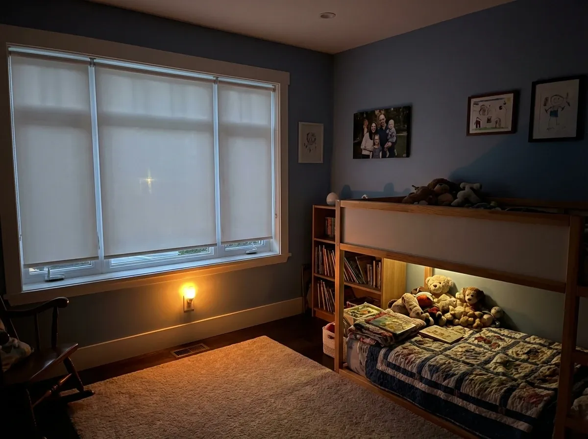 Child's bedroom in a Vancouver home at night with white blackout roller shades fully lowered and a soft nightlight glow