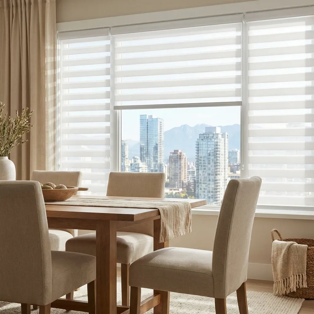 White zebra shades filtering daylight across a Vancouver kitchen and dining area