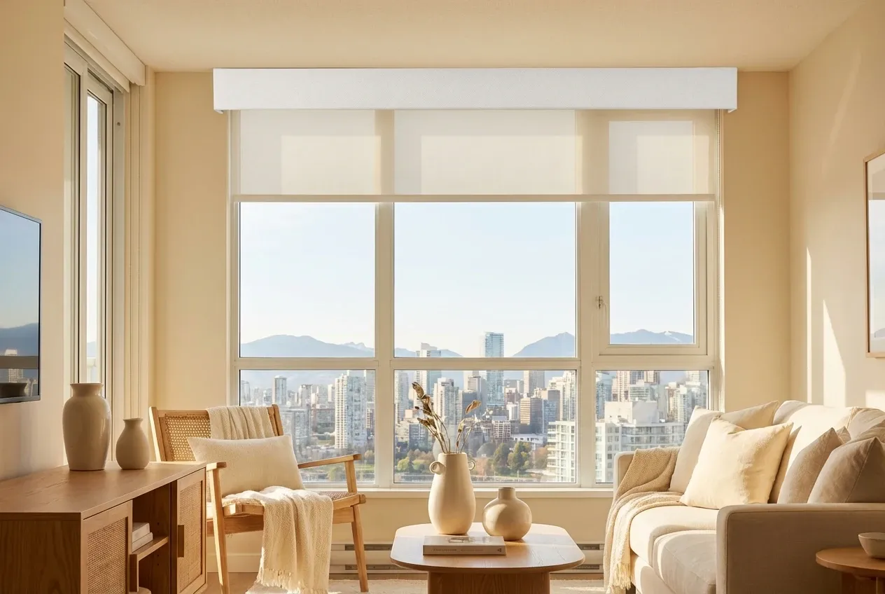 Cassette-mounted white solar roller shades on a wide Vancouver living-room window with a downtown skyline and mountains