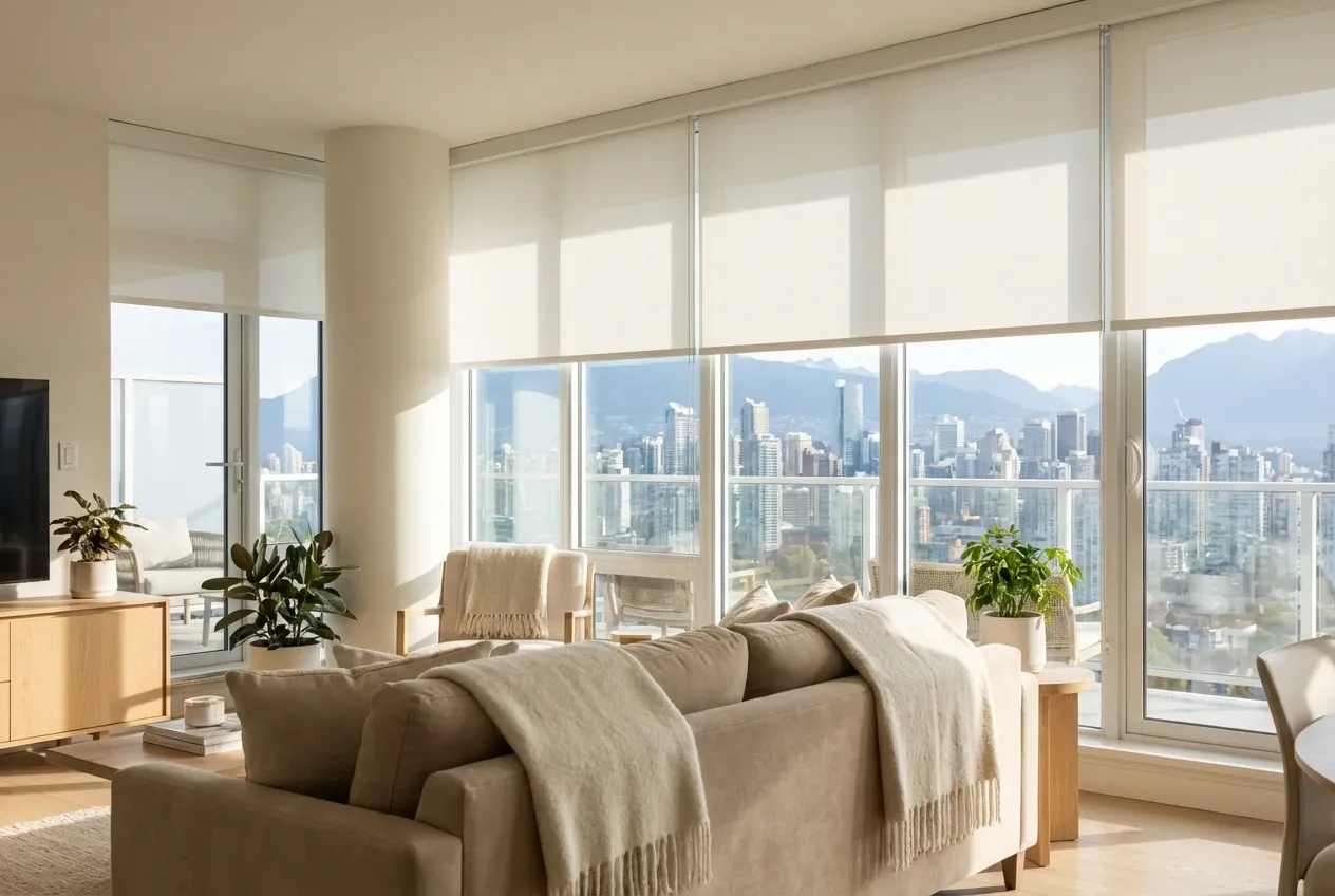 Motorized white solar roller shades at staggered heights across a Vancouver living-room window wall overlooking the downtown skyline