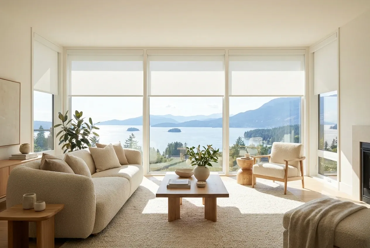 White solar roller shades in a West Vancouver living room with an ocean and mountain view