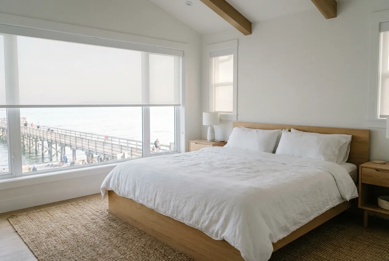 White Solis solar roller shades on a large White Rock window with a bay view