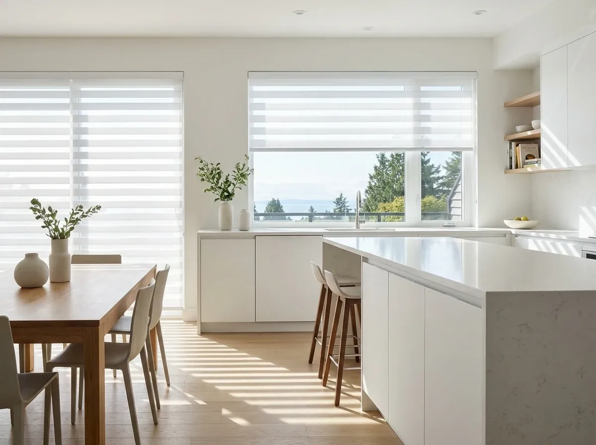 White zebra shades at half-transition in a White Rock dining room with a bay or garden view