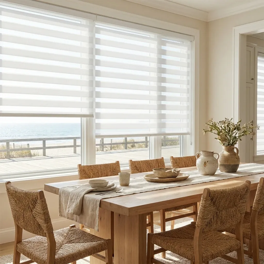 White zebra shades filtering daylight in a White Rock home office