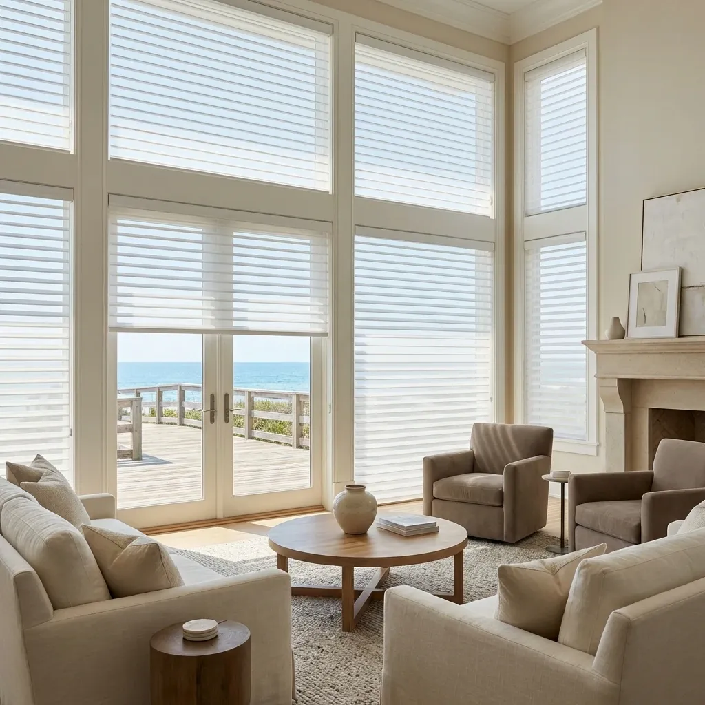 Sheer horizontal shades softening light across White Rock windows with an ocean view