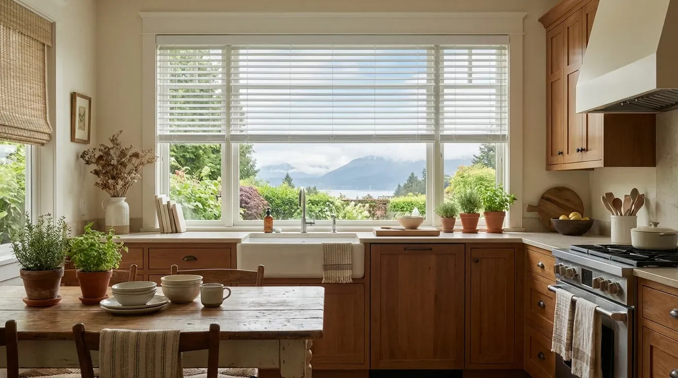Bright kitchen with white faux wood blinds mounted above the sink window, warm wood cabinetry and potted herbs below, a coastal mountain-and-water view beyond — the moisture-prone room where faux wood belongs