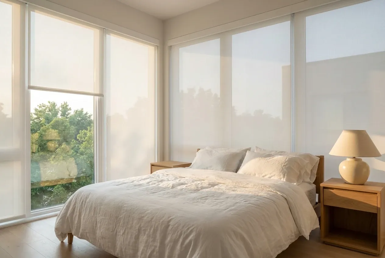 Serene bedroom with white light-filtering roller shades over floor-to-ceiling windows, cream linen bedding and oak nightstands in warm sunlight