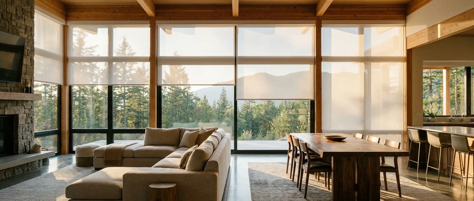 Open-plan living and dining room in a timber-frame home with motorized white solar roller shades at staggered heights across large windows framing a forest and mountain view