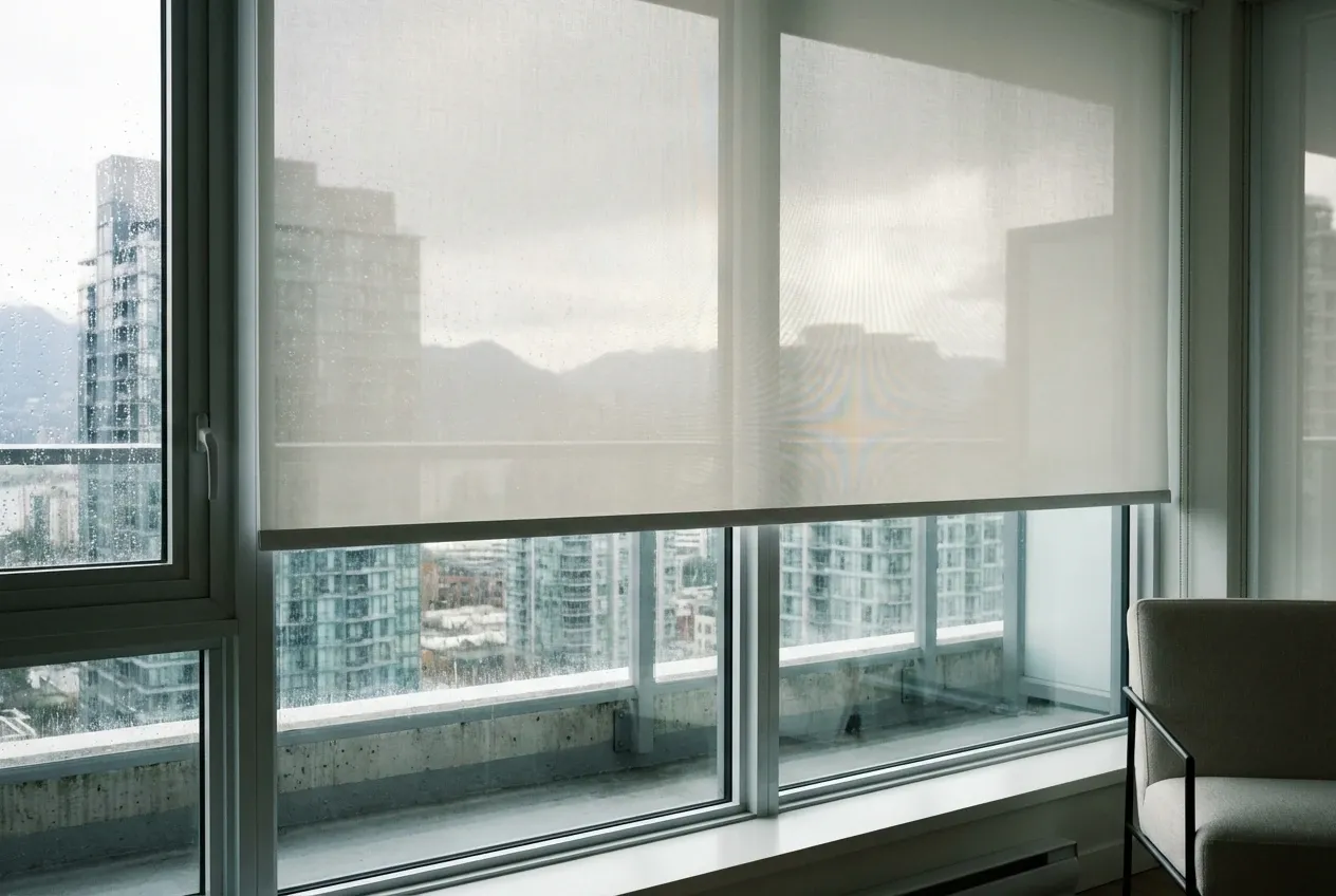 Vancouver high-rise condo window with a white solar roller shade half-lowered, overlooking downtown glass towers and the mountains on a rainy day