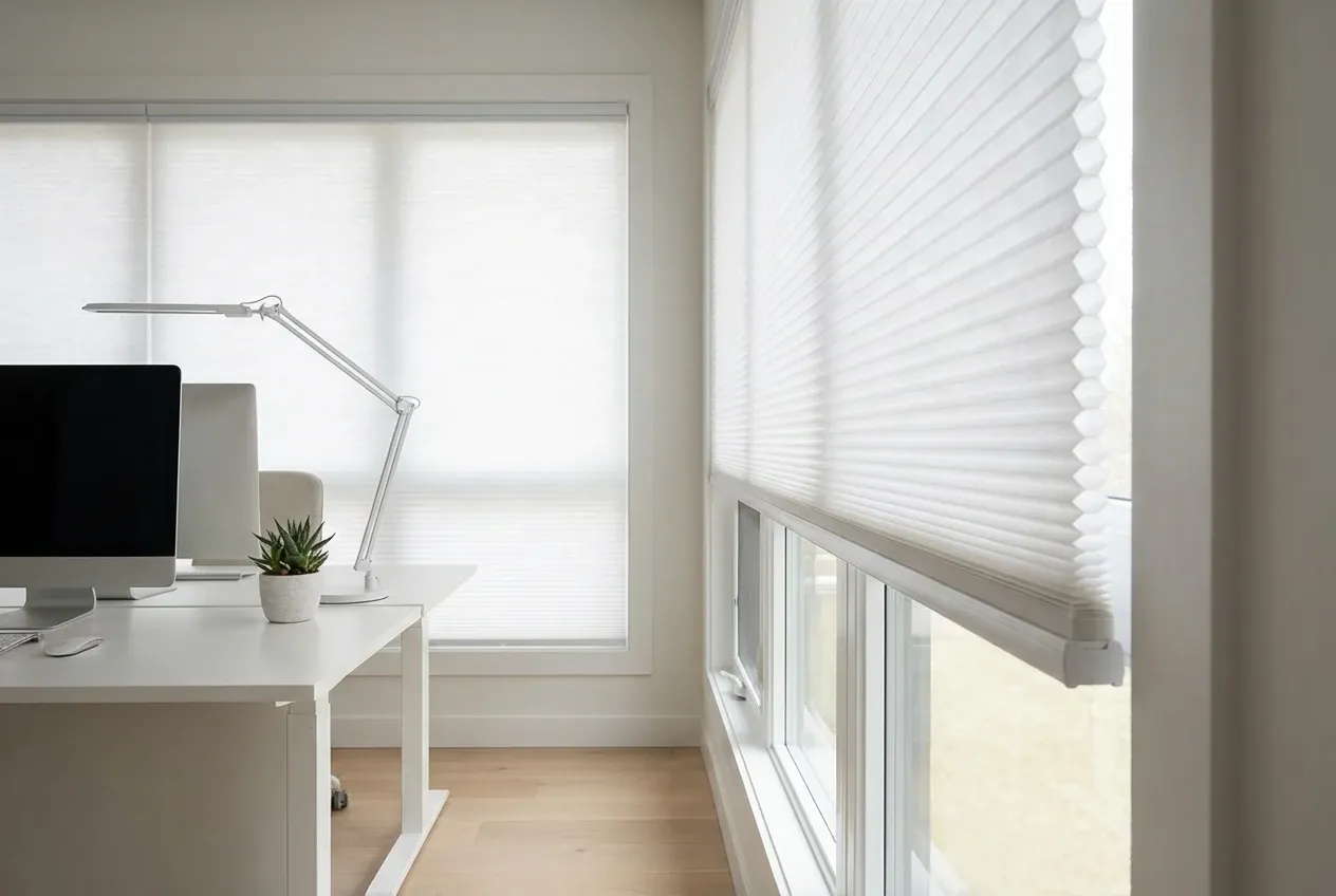 Bright home office with white honeycomb cellular shades showing their pleated cell structure over the windows, a white desk, monitor and desk lamp