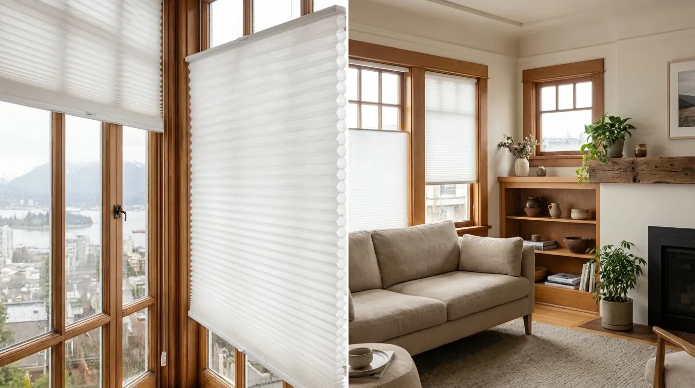 Honeycomb cellular shades backlit over a corner window with a Vancouver city-and-water view, the pleated cell structure visible through the fabric, beside a warm living room running the same shades on multiple windows