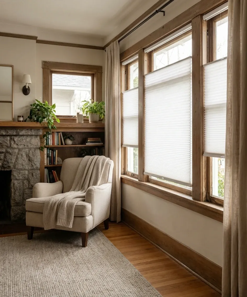 Warm living-room reading corner with honeycomb shades lowered over the windows, the pleated cell texture catching daytime light beside an armchair and a stone fireplace