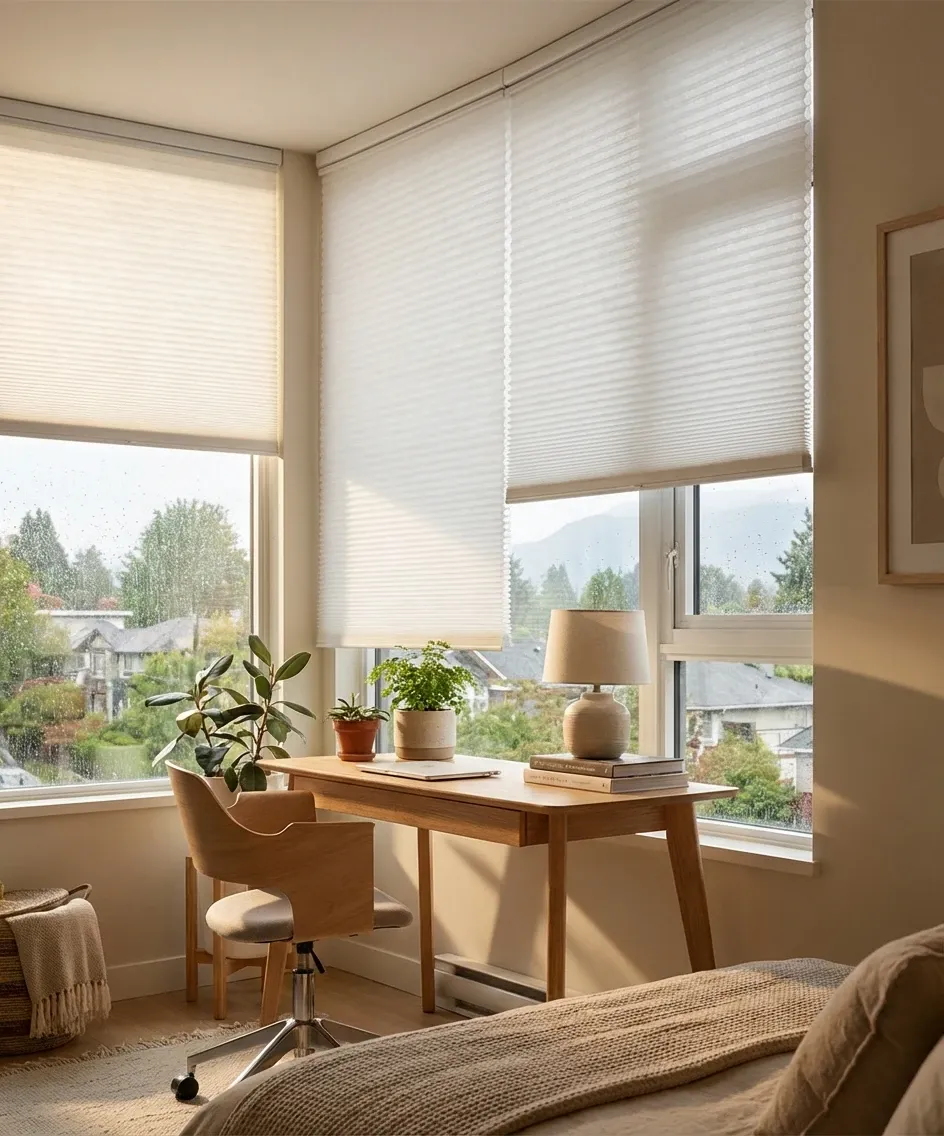 Home office corner with honeycomb shades partially lowered over two windows, a wooden desk and lamp, and a mountain-and-neighbourhood view below the shades