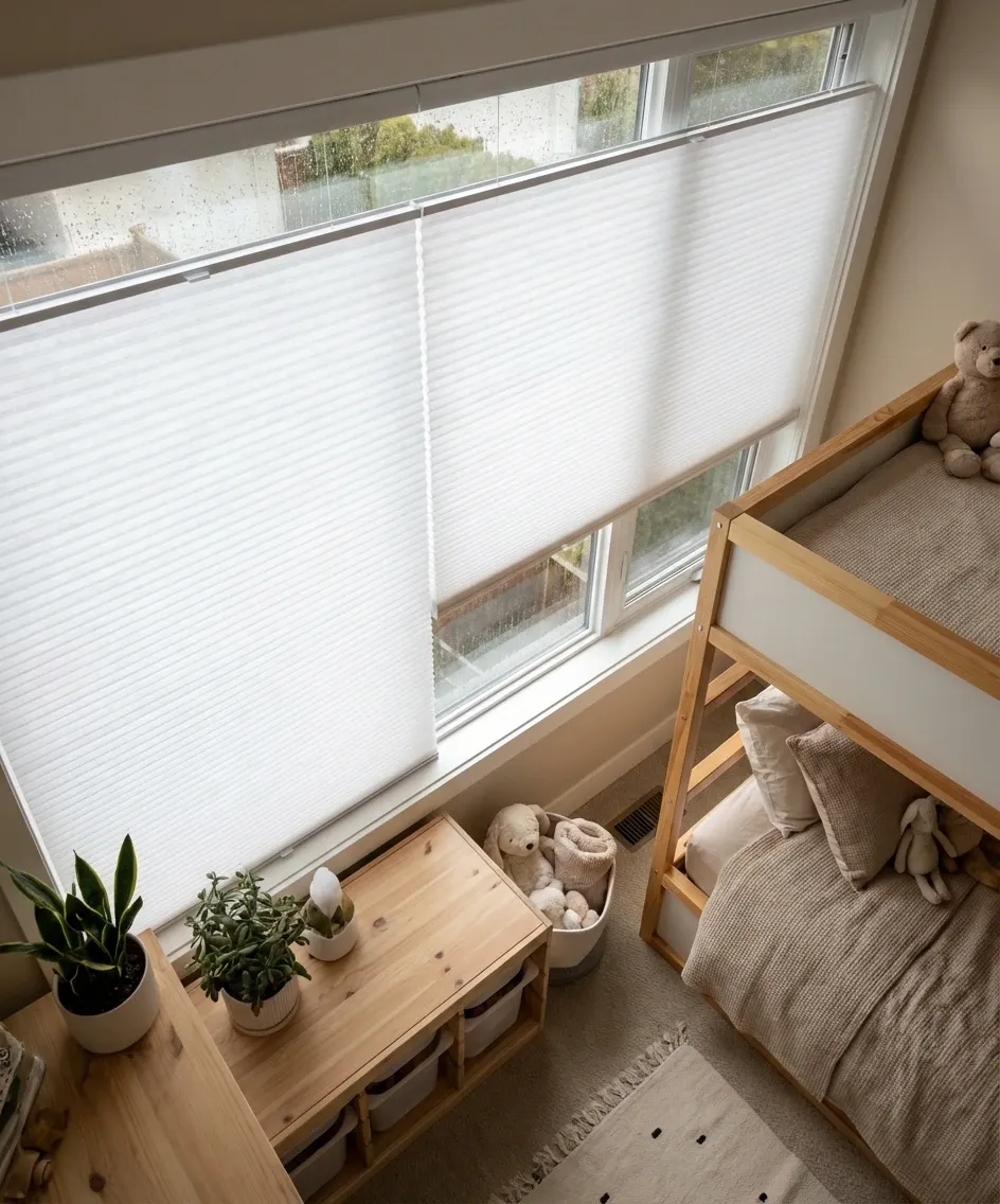 Child's room with a honeycomb shade lowered over a tall window showing the pleated cells, a wooden bunk bed and a small play table with plants