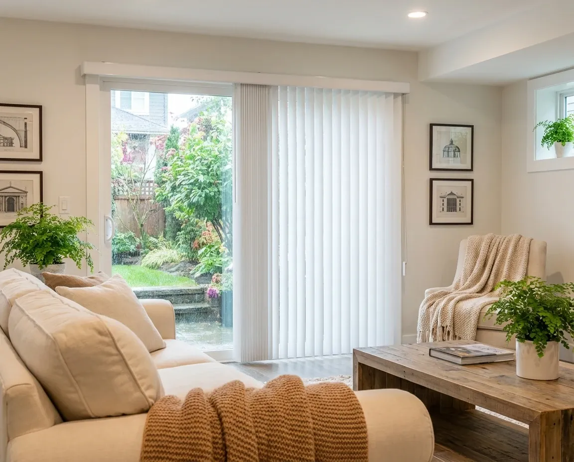 Cozy living room with vertical blinds on a sliding patio door, the vanes tilted for privacy and light with a garden visible through the glass at typical Vancouver residential scale