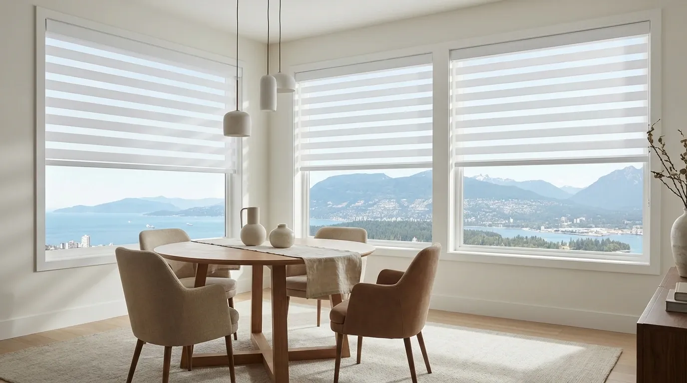 Bright corner dining room with zebra shades lowered in the sheer view-through position over large windows, the alternating bands catching daylight above a round wood table, with a Vancouver water-and-mountain view beyond